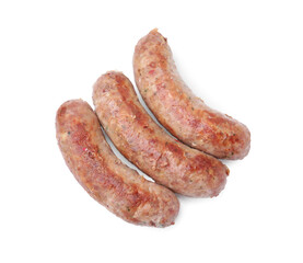 Three tasty homemade sausages isolated on white, top view