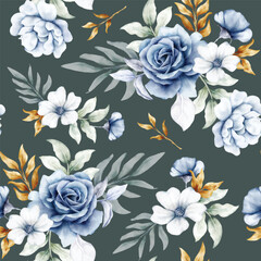 beautiful white blue and gold floral seamless pattern