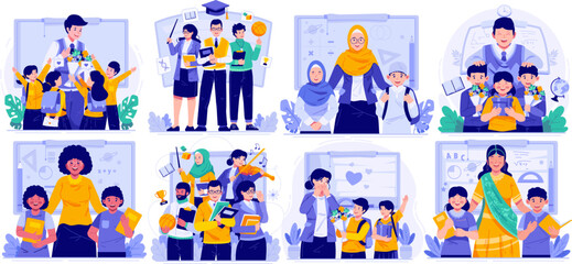 Illustration Set of Happy Teacher’s Day. Teachers and Children Students. Students and Giving Gifts and Bouquet of Flowers to Their Teacher