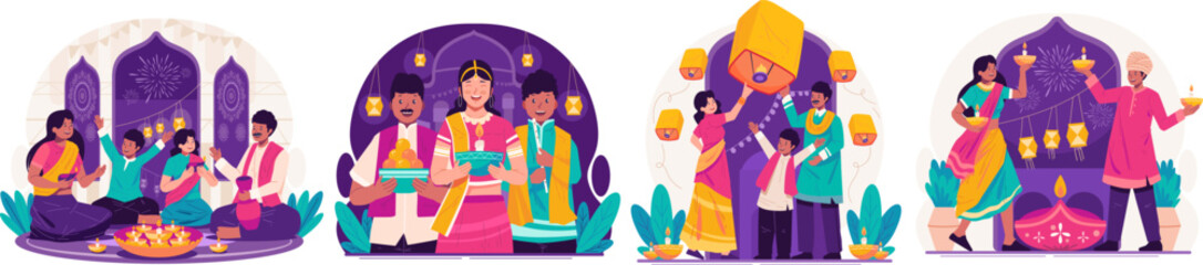 Illustration Set of Happy Diwali Greetings. Indian People in Traditional Clothing Holding Lit Oil Lamps or Diya Celebrating Diwali Festival of Lights