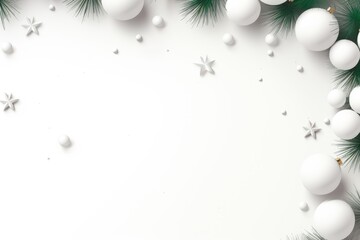 A festive and elegant white Christmas background with sparkling white balls and fragrant fir branches