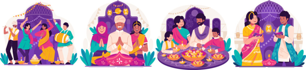 Obraz na płótnie Canvas Illustration Set of Happy Diwali Greetings. Indian People in Traditional Clothing Holding Lit Oil Lamps or Diya Celebrating Diwali Festival of Lights
