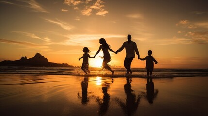 Silhouetted Happy Asian Family Playing And Having Fun On The Beach At Sunset. Recreation, relax, holiday, vacant time.