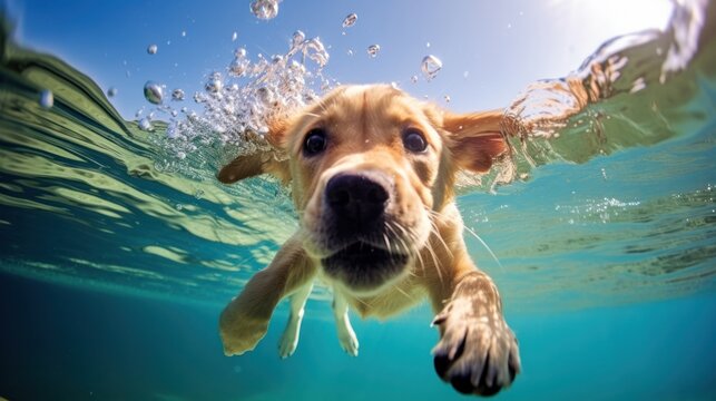 Funny underwater picture of puppies in swimming pool playing deep dive action training game with family pets and popular dog breeds during summer holidays. recreation, relax, generate by AI.