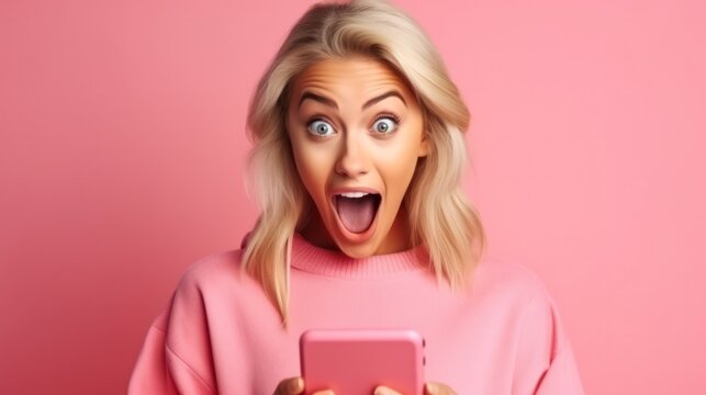 woman exited surprise face expression . female feels shocked with the phone. exciting smile and happy adorable rejoices. Very enjoy and fun relax time. wow, girl holding smartphone