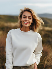 Young woman girl white crewneck sweatshirt mockup  - obrazy, fototapety, plakaty