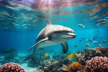 Dolphin underwater. Background with selective focus and copy space