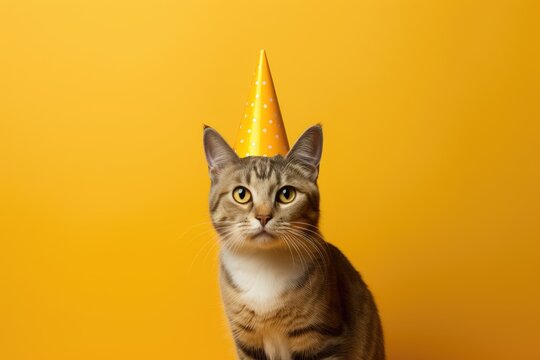 A cat wearing a party hat on its head, ready to celebrate