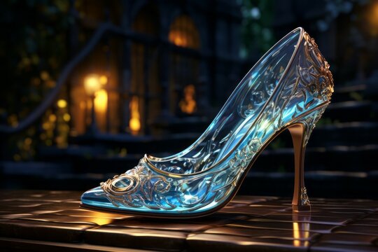 Glass slipper from fairy tales and legends. Background with selective focus and copy space