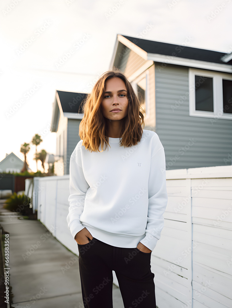 Wall mural young woman girl white crewneck sweatshirt mockup