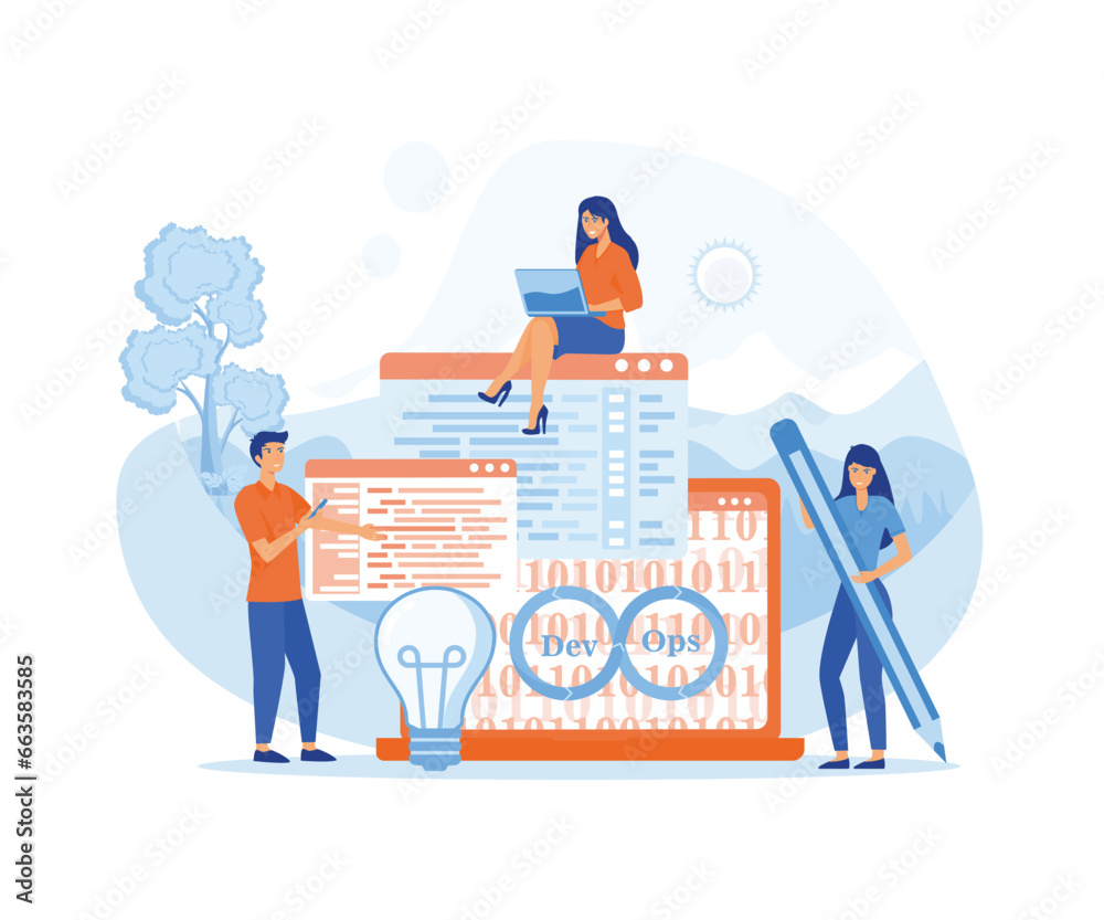 Poster devops software, team of programmer, development and operations. flat vector modern illustration