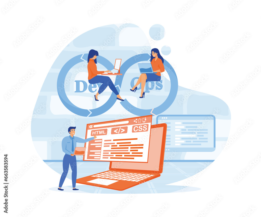 Poster devops engineers web design with people. flat vector modern illustration devops engineers web design