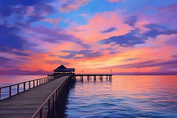 Obraz premium A breathtaking sunset painting of a pier, capturing the serene beauty of the evening sky