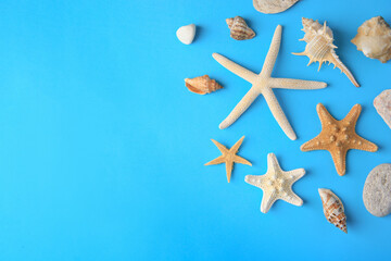 Fototapeta na wymiar Many starfishes, stones and shells on blue background, flat lay. Space for text