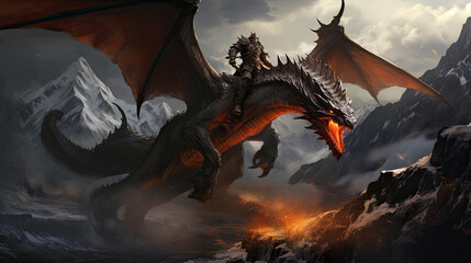A brave knight riding a dragon into battle Fantasy concept , Illustration painting. - obrazy, fototapety, plakaty