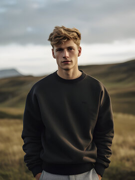 Sweatshirt mockup one young man guy in a blank crewneck and jeans outdoors outide in the rolling hills in fall autumn