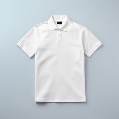 A plain white polo shirt on a neutral grey background