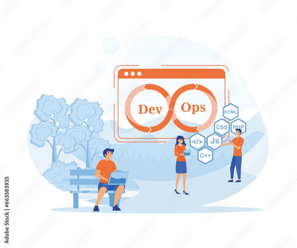 Poster devops concept. programmers practice of development and software operations. flat vector modern illu