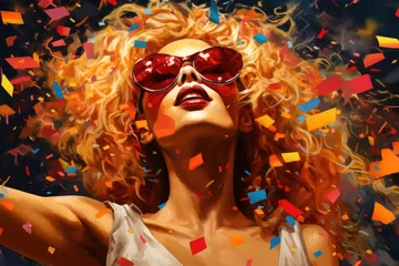 A woman wearing sunglasses and surrounded by confetti © pham