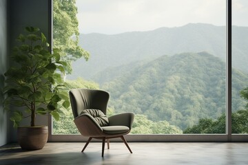 A room filled with greenery, featuring a chair and a window showcasing an extraordinary view. The scene is expertly crafted in stunning 3D, exuding a minimalistic aesthetic. Generative AI