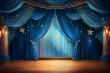 Stage with blue curtains and spotlights. Generative AI
