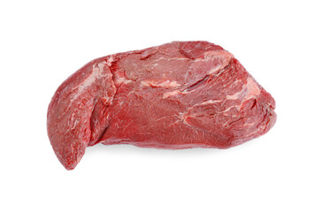 Piece of raw beef meat isolated on white, top view