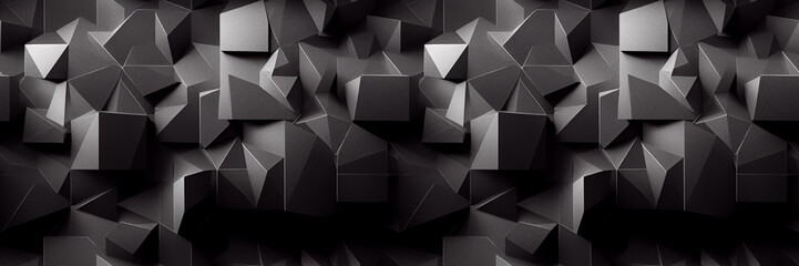 Fototapeta premium Dark abstract panoramic background. Modern futuristic mosaic pattern of various geometric shapes and polygons. Wide rough texture background with seamless pattern. Perfect for design. Generative AI.