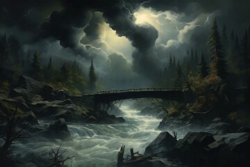 A landscape painting of a bridge over a river amidst rapids, surrounded by trees, under a dark cloudy sky. Generative AI