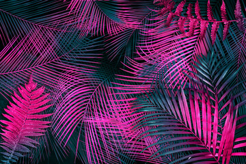 Tropical leaves in neon colors on black background