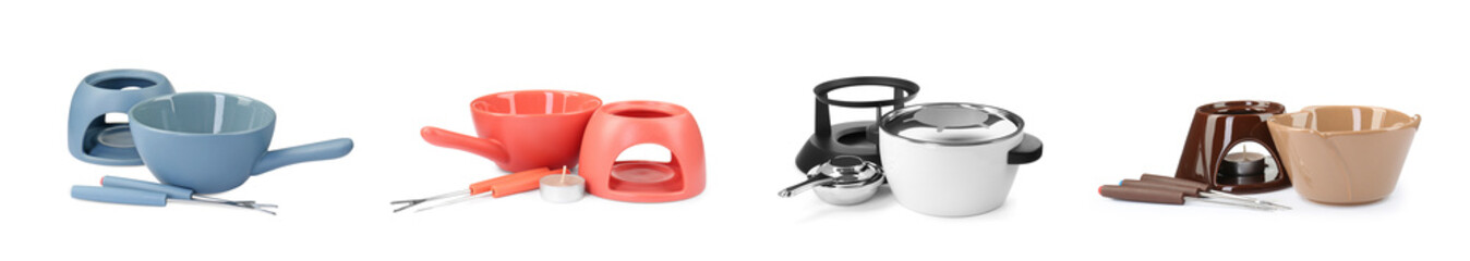 Modern fondue sets isolated on white, collage