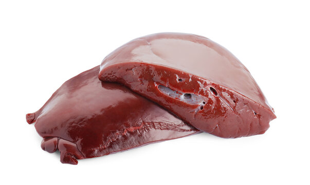 Pieces of raw beef liver isolated on white