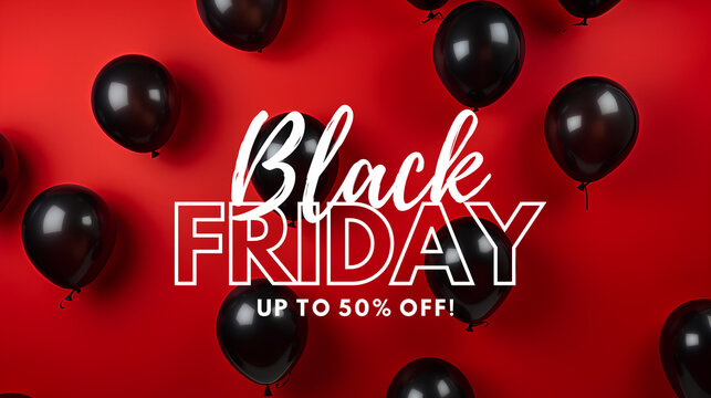 Black Friday. Black balloons with red background.