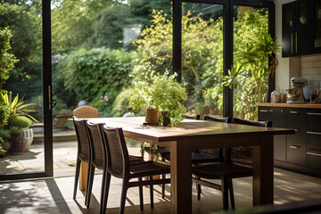 Fototapeta na wymiar An open kitchen with large glass doors leading to a sunlit patio, where an empty dining room table and chairs await. The lush garden background is bathed in warm sunlight, creating a perfect setting.