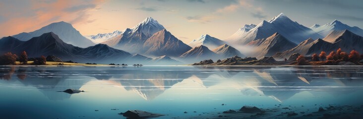 A breathtaking landscape painting capturing majestic mountains and a serene lake in the foreground