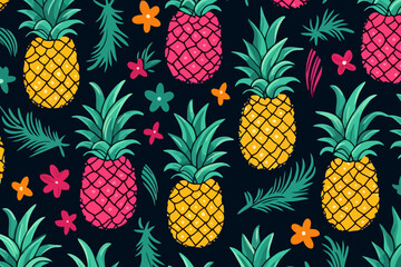 Pineapples quirky doodle pattern, wallpaper, background, cartoon, vector, whimsical Illustration
