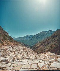 Salinas de Maras near Cusco, salt extraction in Peru. Travel concept.