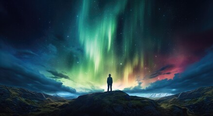 A man standing under a mesmerizing aurora borealis on top of a hill