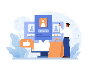 E-store and e-commerce. Entrepreneur selling goods and gaining profit