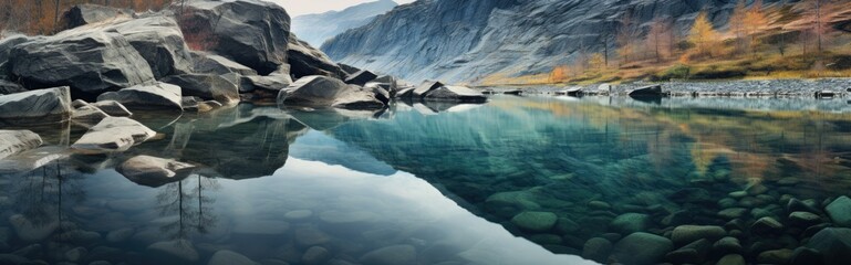 A tranquil mountain lake nestled among rugged rocks