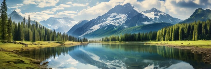 Fototapeta na wymiar A serene mountain lake framed by towering pine trees