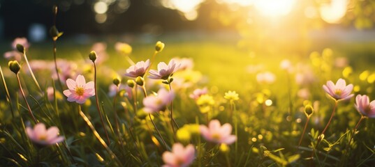 Fototapeta premium A vibrant field of pink flowers with the sun shining in the background