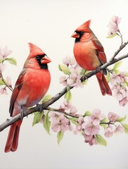 Two vibrant red birds perched on a tree branch