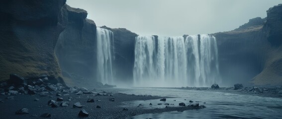 A majestic waterfall in a serene body of water - obrazy, fototapety, plakaty