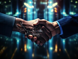 Two hands shaking in agreement, overlaid with intricate digital circuitry patterns, against a backdrop of a futuristic server room, illustration, concept, 