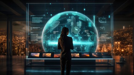 A woman stands in front of a futuristic head up display in a modern city building, view of city, sophistication, technological prowess,  - obrazy, fototapety, plakaty