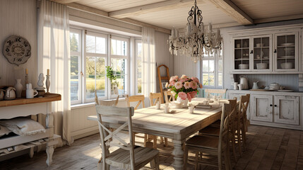 Interior design inspiration of Farmhouse Shabby Chic style home dining room loveliness decorated with Wood and Lace material and Chandelier .Generative AI home interior design