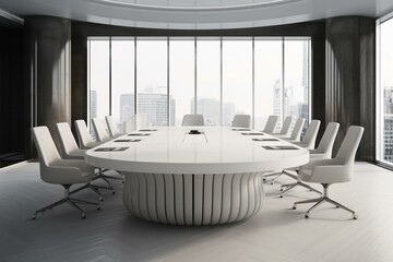 Front view of a sleek white conference table surrounded by chairs in an open meeting room with a grey slatted wall and city view. 3D rendering. Generative AI - obrazy, fototapety, plakaty
