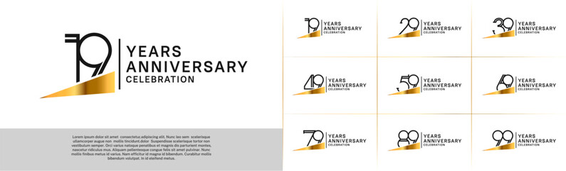 set of anniversary logotype black color with golden ribbon for special celebration event