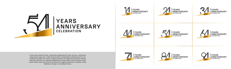 set of anniversary logotype black color with golden ribbon for special celebration event
