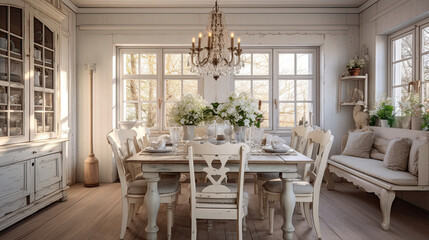 Interior design inspiration of Farmhouse Shabby Chic style home dining room loveliness decorated with Wood and Lace material and Chandelier .Generative AI home interior design